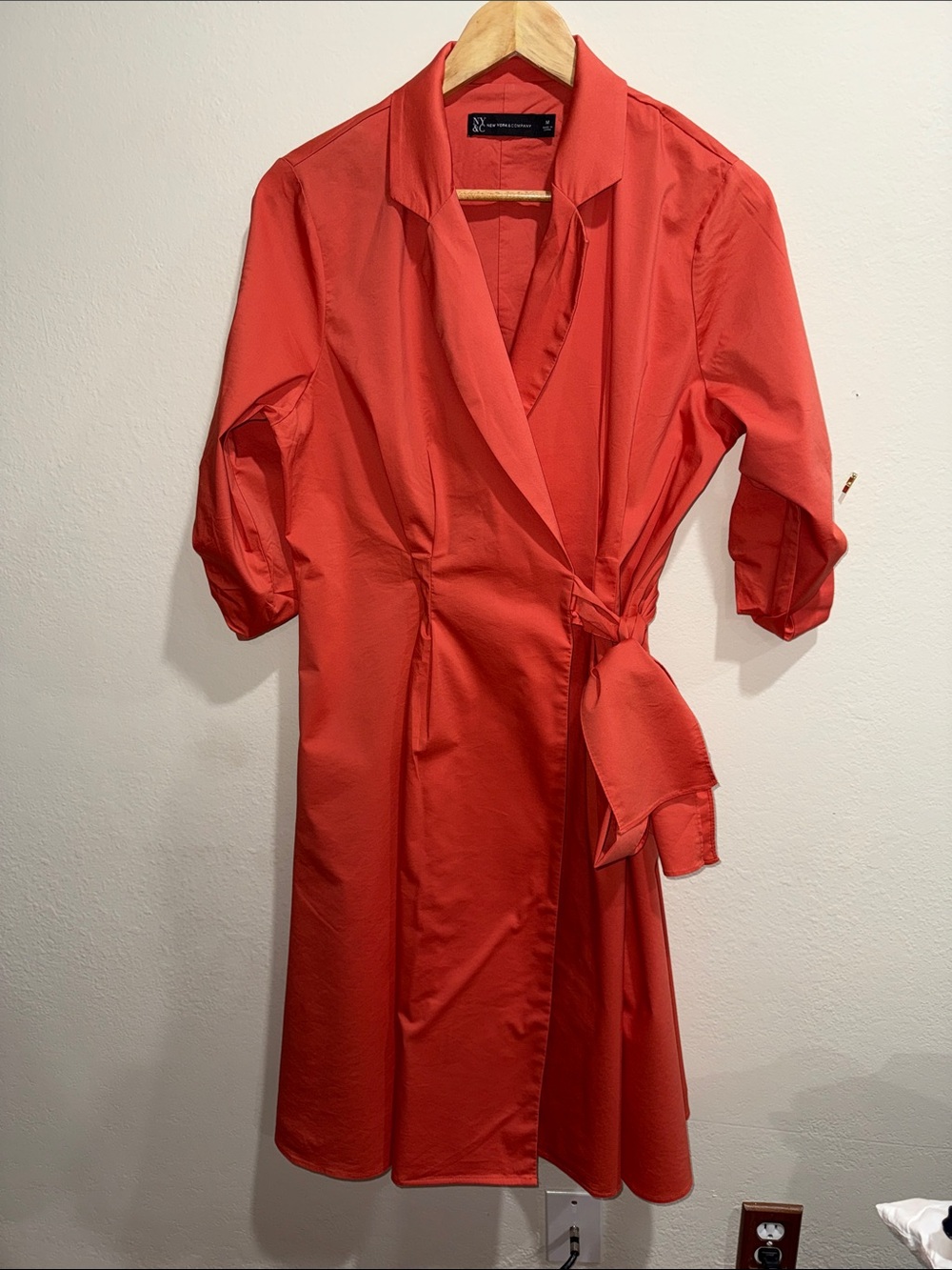 New York & Company Coral Orange Wrap Midi Dress